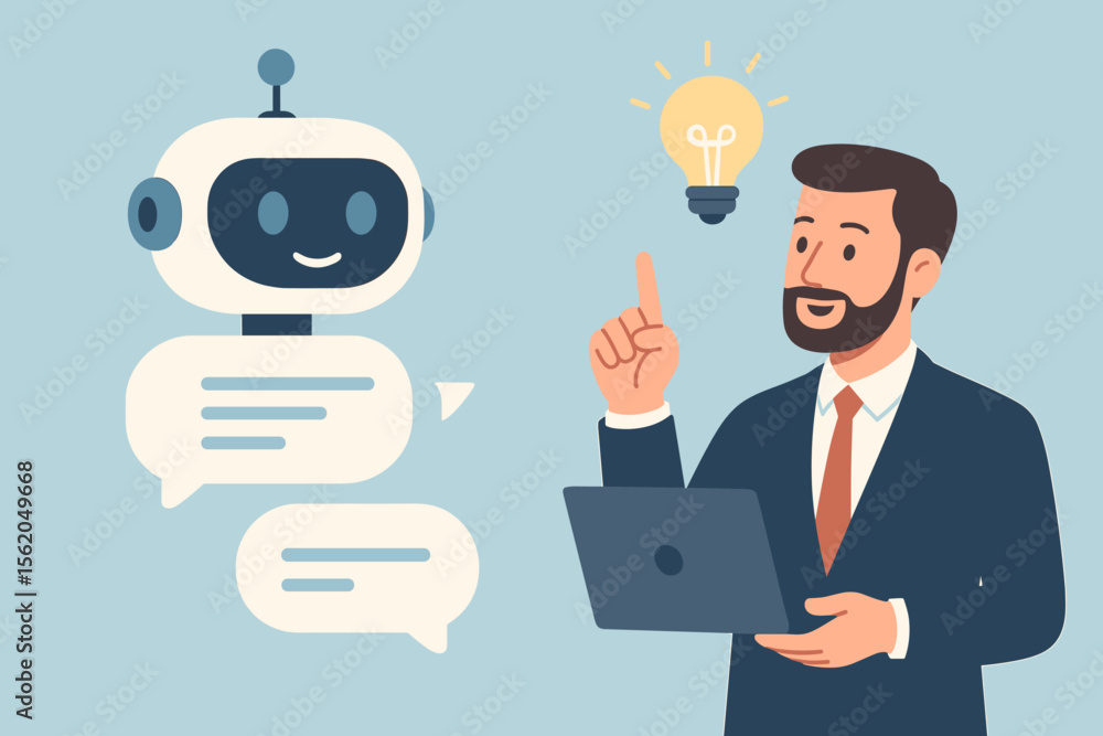 Poster businessman gets a smart idea from an ai chatbot. man with laptop communicates with virtual assistan