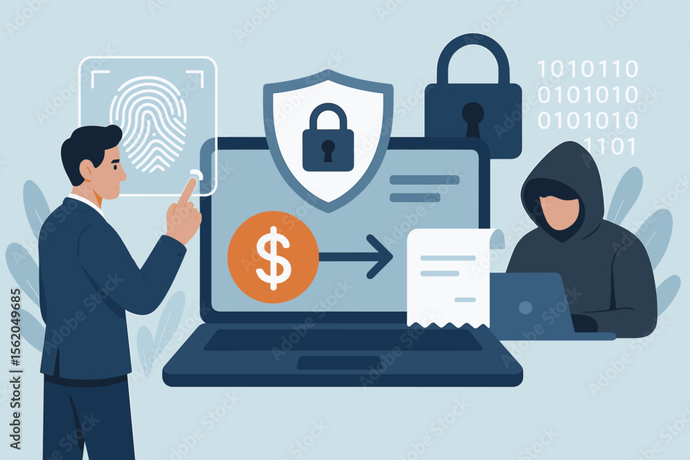 Poster biometric identification and cybersecurity concept. man uses fingerprint scanner for secure online p