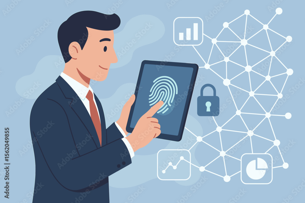 Poster businessman using tablet fingerprint scanner for biometric authentication. secure login to access bu