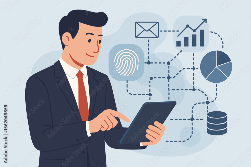 Poster businessman using tablet with fingerprint scanning to access secure business data network. biometric