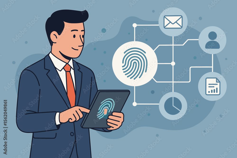 Poster businessman using tablet with fingerprint scanner for secure access to business data. biometric auth