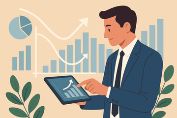 Businessman analyzing sales data and economic growth chart on a tablet. Concept of financial analysis, business strategy, market research, investment report, successful management.