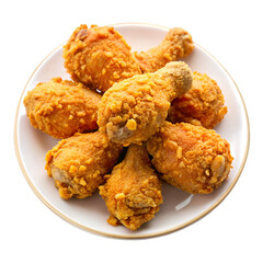 Crispy fried chicken drumsticks with golden coating served hot and delicious on white background