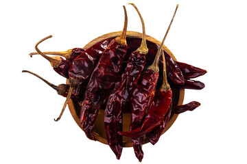 dried chilli pepper on wooden dish isolated on transparent background. png image