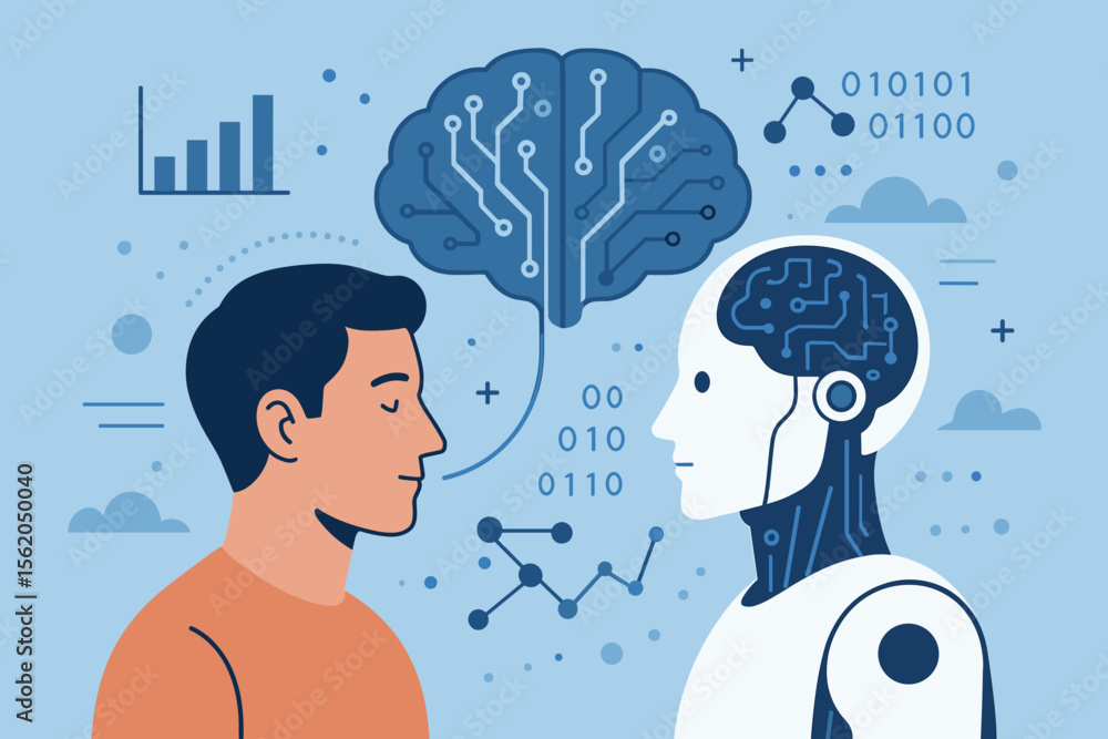 Poster artificial intelligence and human interaction concept. man and robot face to face sharing a digital 