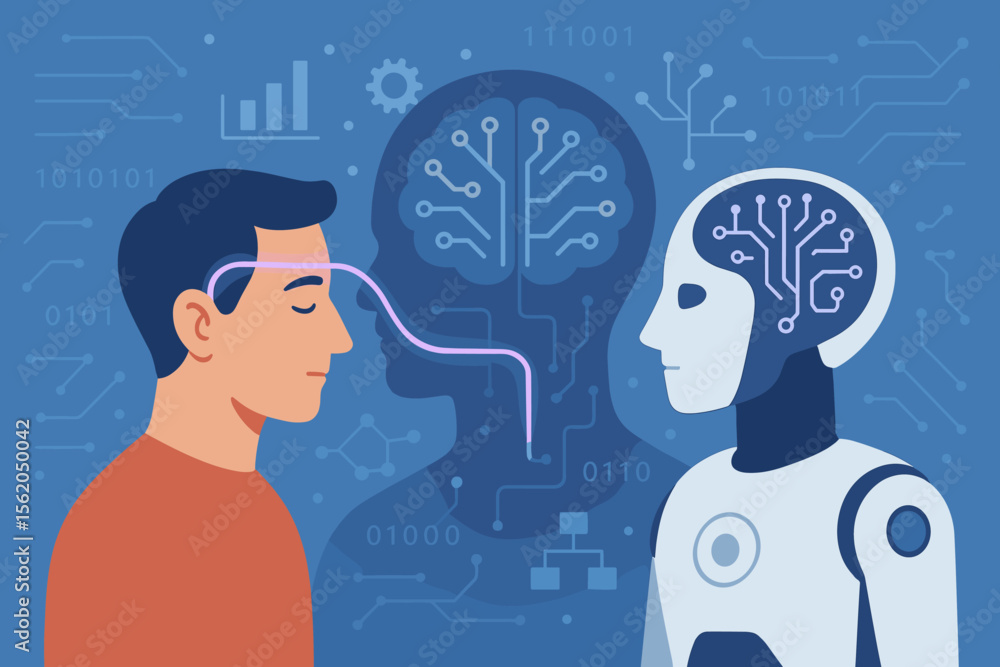 Poster artificial intelligence concept. man and robot face to face, connecting human mind and ai brain. syn