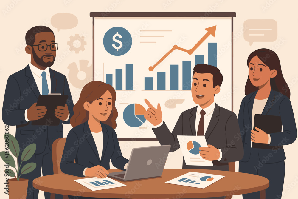 Poster diverse business team analyzing financial data in a meeting. corporate professionals discussing mark