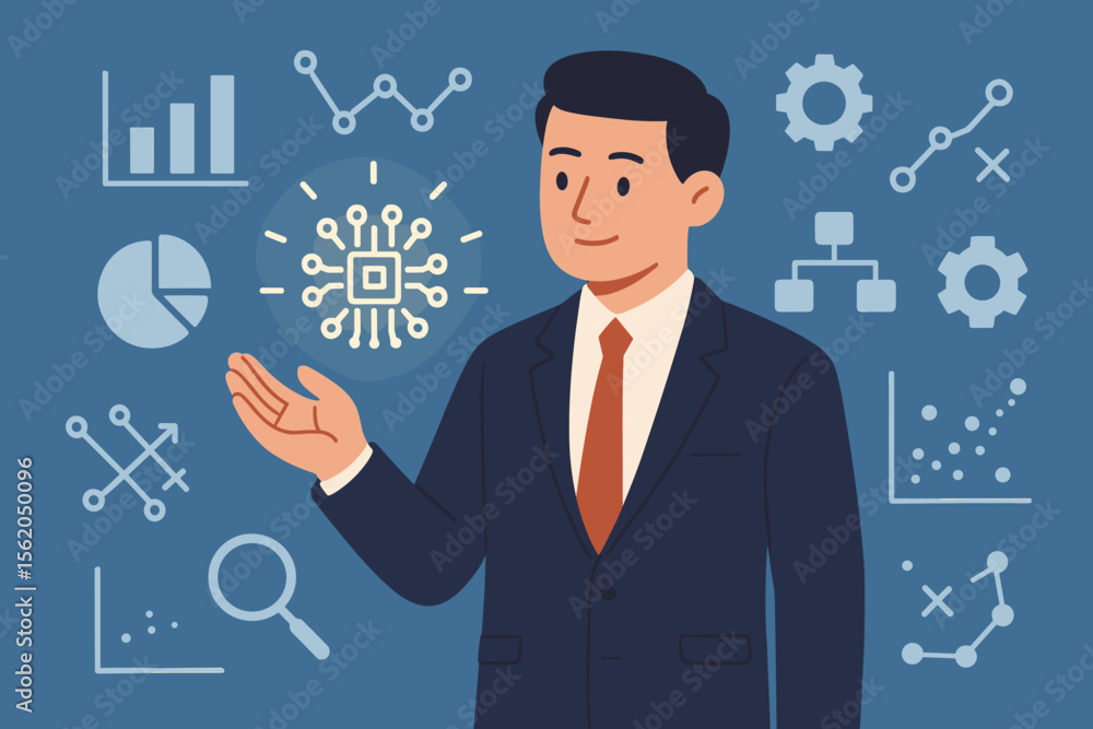 Poster data science and business analytics concept. businessman presenting an ai algorithm for strategy ana