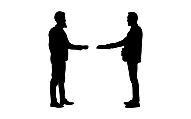 A simple, impactful silhouette of two men in business attire shaking hands, set against a pure white background.