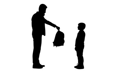 A silhouette of a father giving a backpack to his son, a simple yet powerful image of parental support and the start of a new school day.