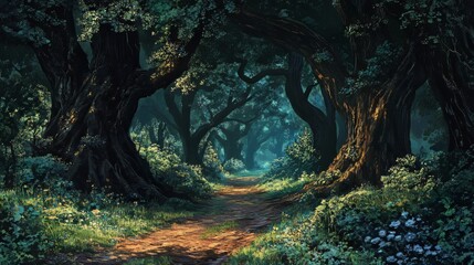 Pathway through a dark forest with dense trees