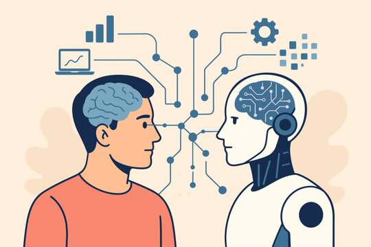 Connecting human intelligence to AI. Man and robot with brains linked by a neural network. Machine learning, digital data, computer brain, and future technology development.