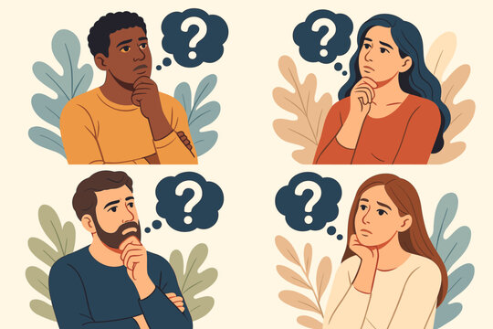 Set of diverse people thinking with question marks. Men and women contemplating, feeling doubt or confusion. Concept of problem solving, searching for answers and making decisions. - Powered by Adobe