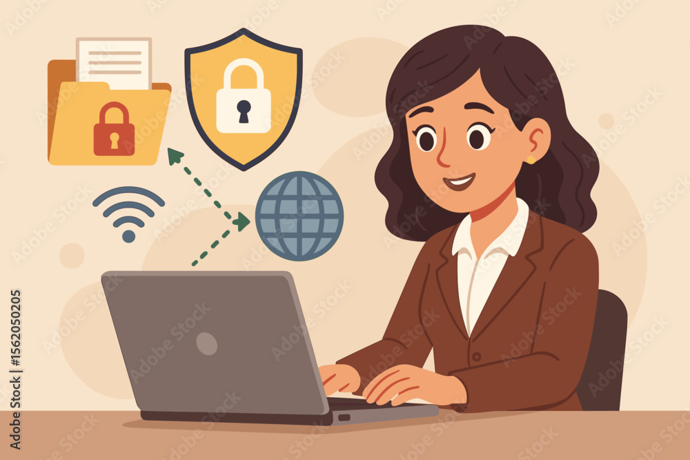 Poster cybersecurity concept of secure data transfer and privacy protection. businesswoman at laptop with e
