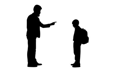 A powerful silhouette of a father angrily pointing at his son, who stands with a backpack, evokes a tense parent-child dynamic.