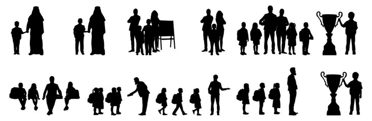 A collection of black silhouette figures depicting various people, including families, children, adults, and groups, in different poses and settings.