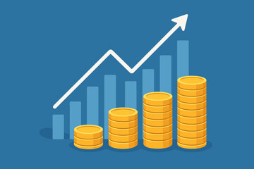 Financial growth concept with stacks of gold coins and an ascending business graph chart. Stock market investment success, profit increase, and revenue growth. Arrow up diagram.