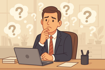 Businessman Thinking at Office Desk Surrounded by Question Marks. Decision Making, Problem Solving, Uncertainty, Confusion, Workplace Stress, Corporate Dilemma, Vector Cartoon Illustration