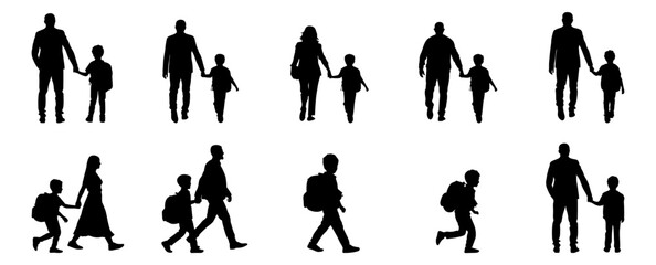 A collection of simple black silhouette illustrations of families walking to school. Vector set