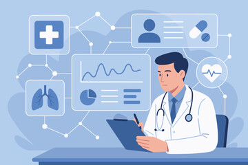 Doctor analyzing patient medical data, digital health records, diagnosis report, healthcare technology, electronic medical chart, telemedicine interface, clinical data analysis, hospital research