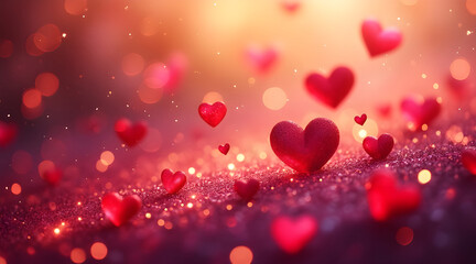 Romantic red hearts and sparkling bokeh lights creating a magical atmosphere
