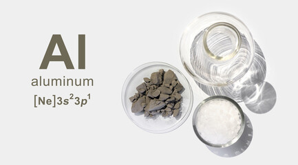 Aluminium powder in Chemical Watch Glass place next to Cetyl esters wax in glass container and Flat Bottom Flask. Show symbol, name and electron configuration on the side.