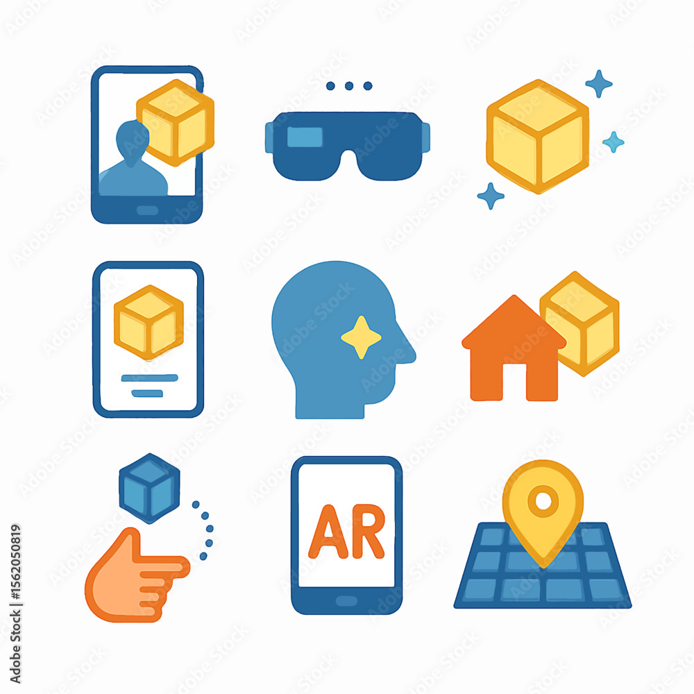 Poster augmented reality technology shown with virtual reality headset and ar application