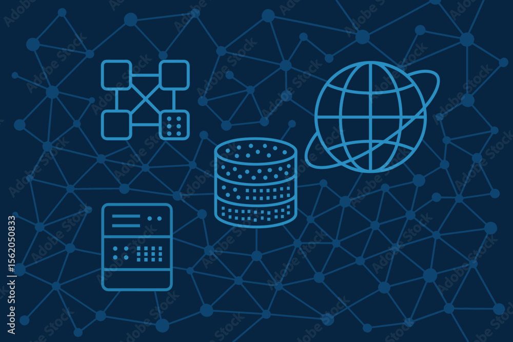 Poster blockchain network structure, mainframe server, big data storage, global internet connection, digita