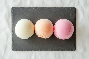 Colorful scoops of ice cream served on a slate board in a bright and cozy setting
