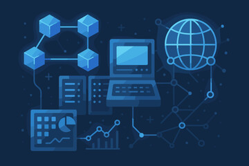 Futuristic network structure with blockchain, mainframe computer, big data analytics, global internet connection, digital technology, data visualization, modern flat vector illustration