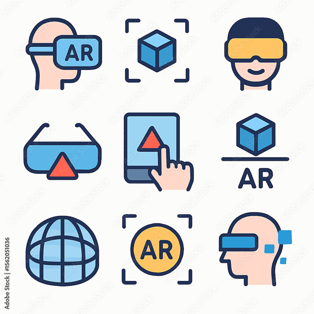 Poster augmented reality vector icons depicting technology and interactive experience