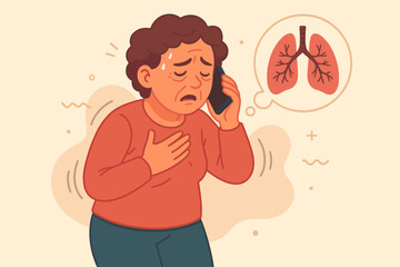 Woman experiencing shortness of breath holding chest and calling for medical help, lung disease symptoms, respiratory distress, chronic pulmonary illness, health emergency vector illustration