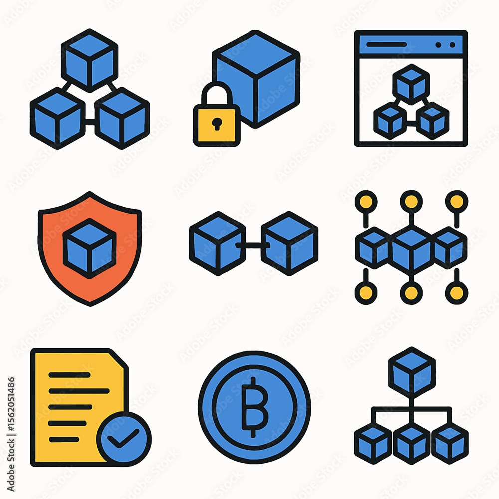 Poster blockchain network concept with connected blocks and secure data transfer system