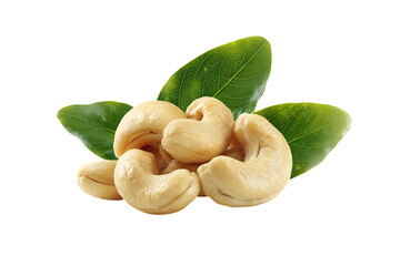 Close up of roasted cashews with fresh leaves.