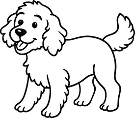 Happy Standing Fluffy Puppy Vector Cartoon Illustration in Line Art Style, Standing Doodle Dog Vector, Cartoon Smiling Puppy Clipart, Cute Curly Dog Drawing