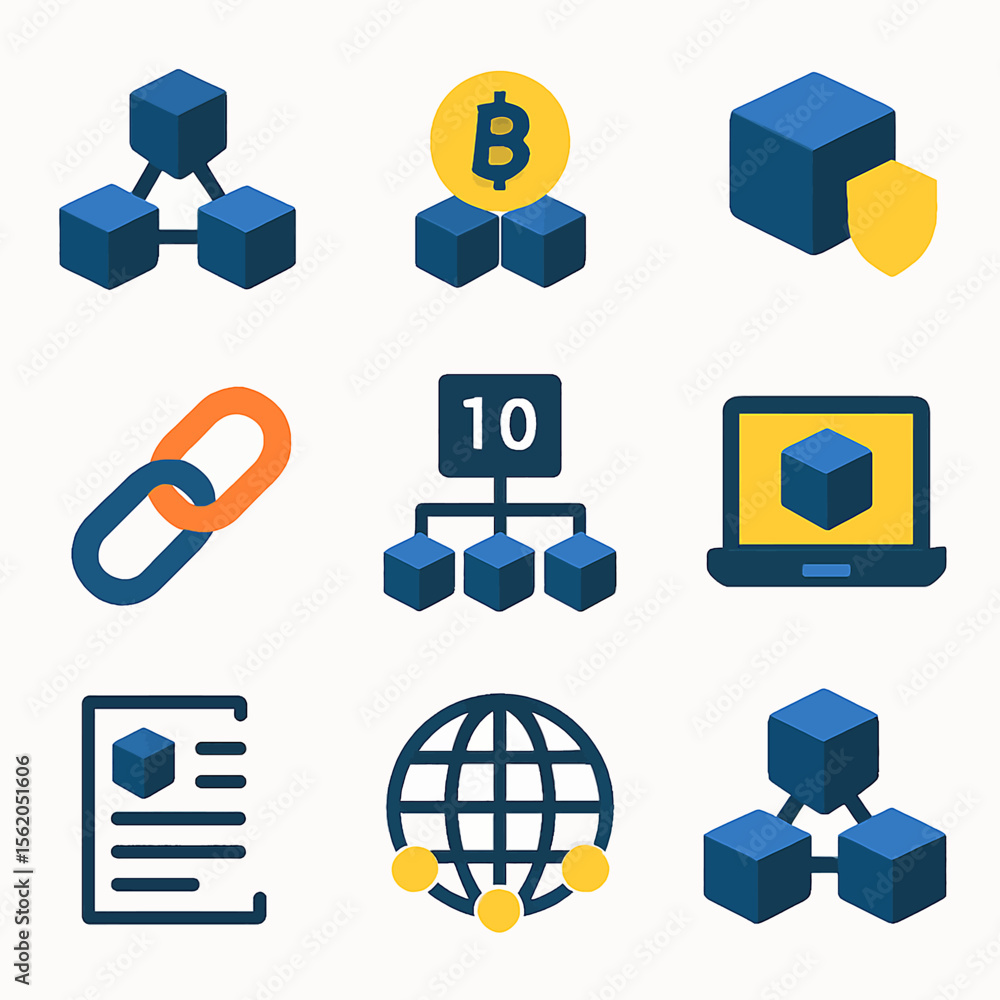 Poster blockchain technology icons featuring interconnected blocks and secure digital transactions