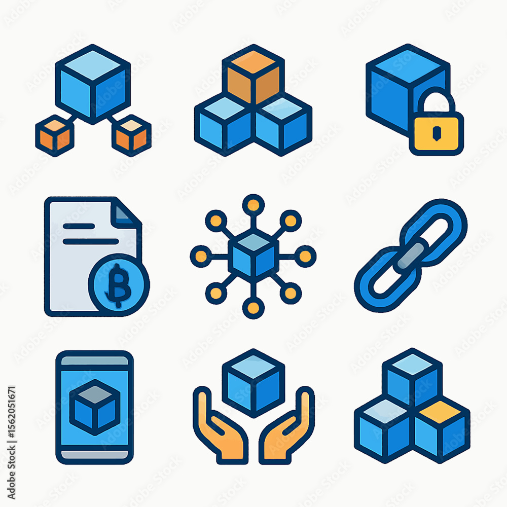 Poster blockchain technology icons illustrating decentralized network and secure data management