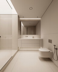 White cylinder marble wash basin and square vanity mirror in modern luxury bathroom and shower bench, recessed wall shelf, mosaic floor in sunlight from window for interior design product background 