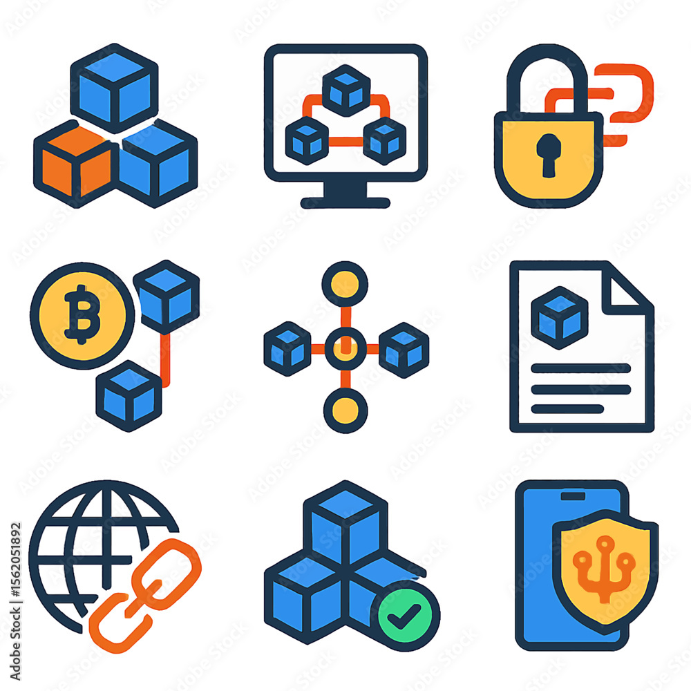 Poster blockchain technology illustrated by interconnected icons representing data security network