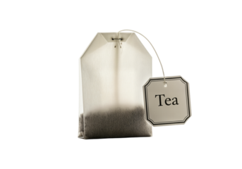Single tea bag with tag labeled 'Tea' on transparent background, isolated object for beverage concept.