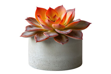 A vibrant orange succulent plant in a simple, light gray concrete pot. background removed
