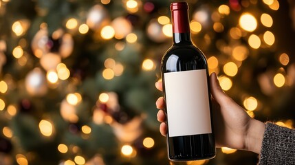 Hand holds dark red wine bottle blank white label against festive blurry background lights holiday celebration