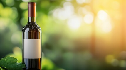 Wine bottle stands outdoors, blank label prominent, warm sunlight brightens green foliage