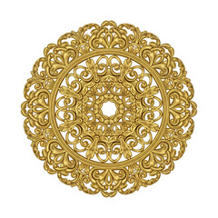 Ornate golden circular mandala with intricate floral and scroll patterns on transparent background.