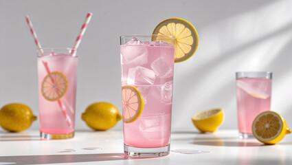 Pink lemonade drink glass ice lemons summer refreshment beverage cocktail juice citrus fruit sweet cold straws