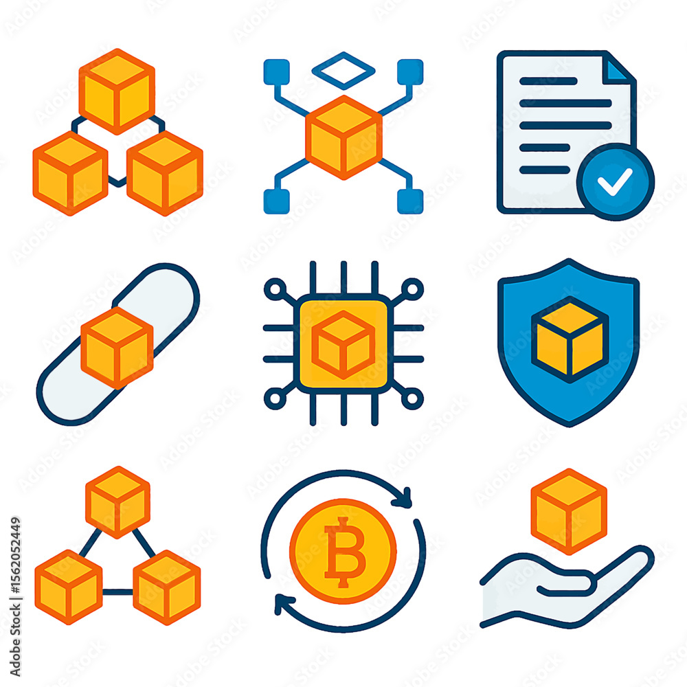 Poster blockchain technology vector icons showing security, data transfer and verification