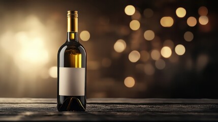 Elegant dark glass wine bottle with blank label stands on rustic wood, blurred golden bokeh for celebration