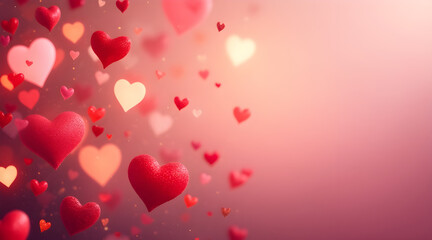 Obraz premium Soft focus romantic background with many floating red and pink hearts and sparkles