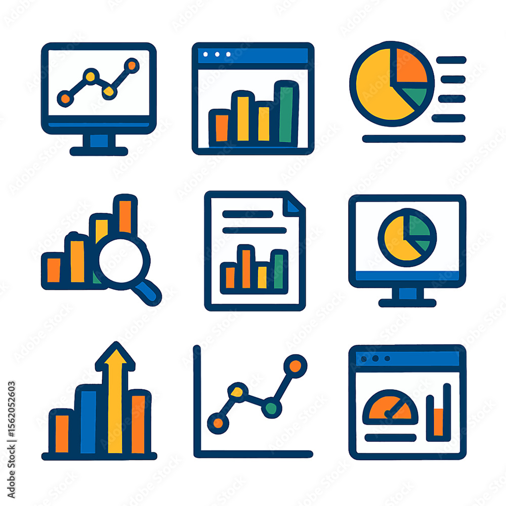 Poster business analytics and data visualization icons representing trends and statistics