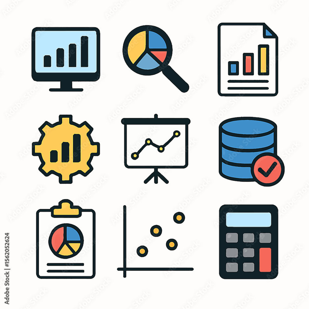 Poster business analytics and data visualization icons set for strategic decision making